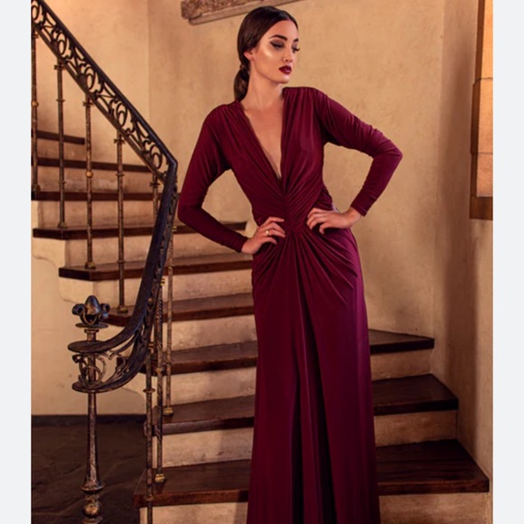 La Femme En Noir Art Deco Crimson Red Ruched Gown XL - Picture 3 of 7